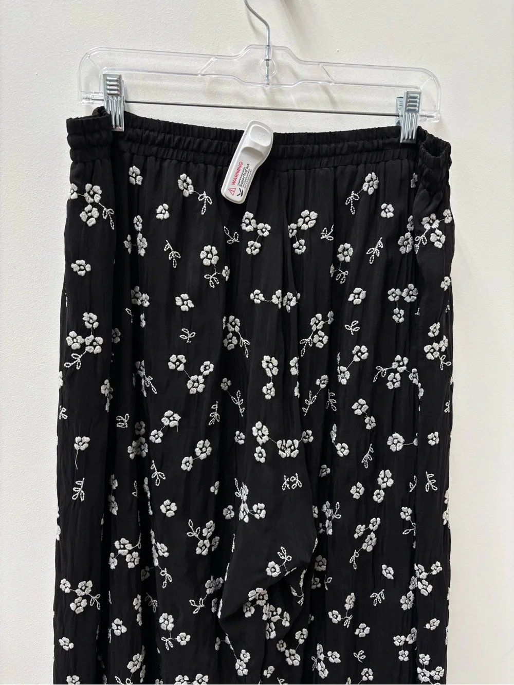 Johnny Was Black Floral Crop Wide-Leg Pants with Pink Floral Embroidery